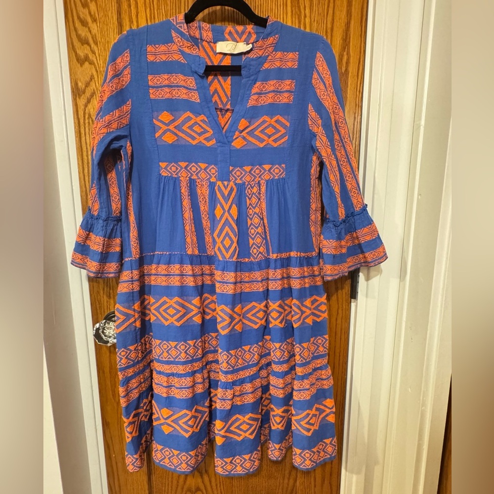 NWOT Boutique Blue and Orange Geometric Dress from Greece